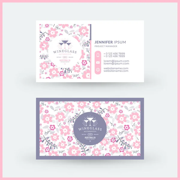 Plantilla de tarjeta de visita moderna horizontal de doble cara con un lindo fondo floral. Ilustración de maqueta vectorial. Diseño de papelería — Vector de stock