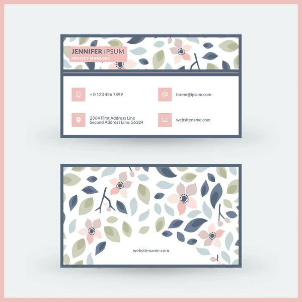 Dubbelzijdige horizontale moderne visitekaartje sjabloon met schattige bloemen achtergrond. Vector model illustratie. Briefpapier design — Stockvector