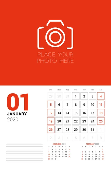 Wall calendar planner template for 2020 year. January 2020. 3 months on the page. Week starts on Sunday. Vector illustration — Stock Vector