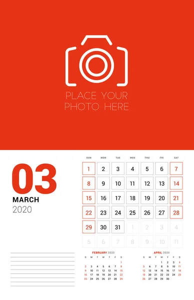 Wall calendar planner template for 2020 year. March 2020. 3 months on the page. Week starts on Sunday. Vector illustration — Stock Vector
