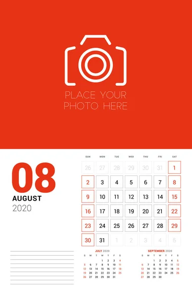 Väggkalender planerare mall för 2020 år. Augusti 2020. Tre månader på sidan. Veckan börjar på söndag. Vektorillustration — Stock vektor