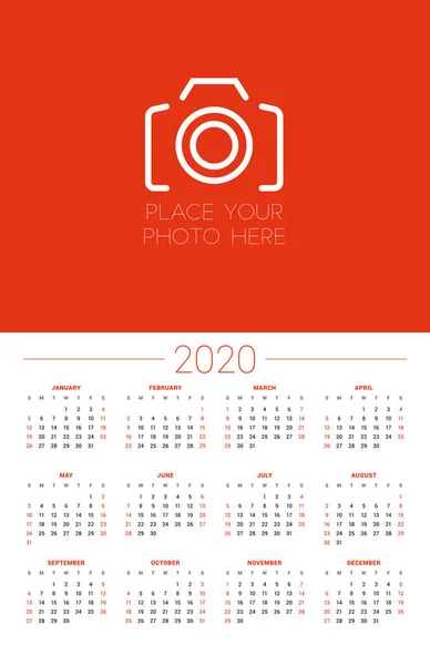 Календарь на 2020 год. Неделя начинается в воскресенье. Шаблон для печати векторных канцелярских товаров — стоковый вектор