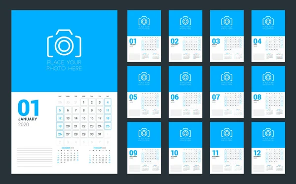 Muur kalender planner sjabloon voor 2020 jaar. Set van 12 maanden. De week begint op zondag. Vectorillustratie — Stockvector