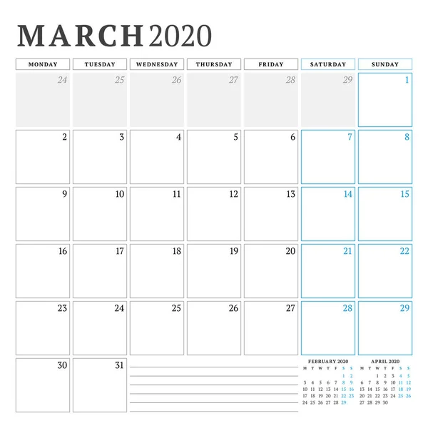 Μάρτιος 2020. Ημερολόγιο σχεδιαστής χαρτικά πρότυπο σχεδιασμού. Εικονογράφηση διανύσματος. Η εβδομάδα αρχίζει τη Δευτέρα — Διανυσματικό Αρχείο