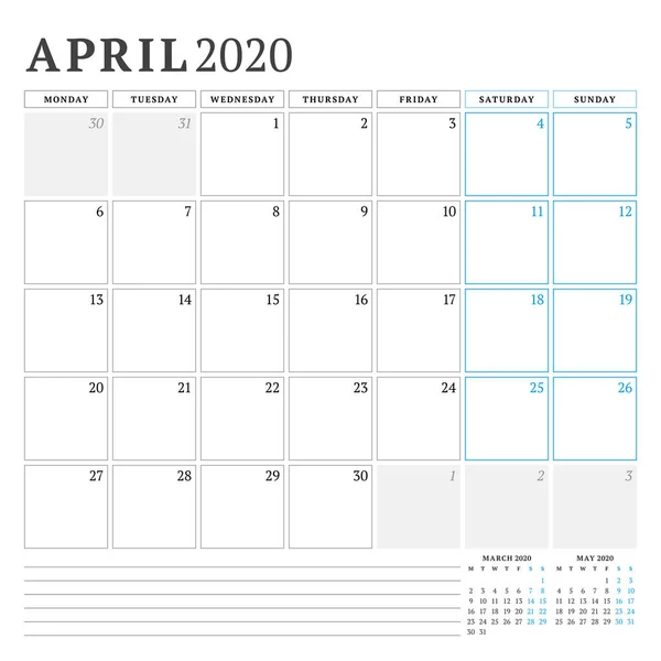 Απρίλιος 2020. Ημερολόγιο σχεδιαστής χαρτικά πρότυπο σχεδιασμού. Εικονογράφηση διανύσματος. Η εβδομάδα αρχίζει τη Δευτέρα — Διανυσματικό Αρχείο
