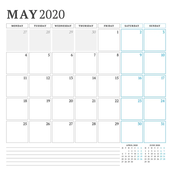 Μάιος 2020. Ημερολόγιο σχεδιαστής χαρτικά πρότυπο σχεδιασμού. Εικονογράφηση διανύσματος. Η εβδομάδα αρχίζει τη Δευτέρα — Διανυσματικό Αρχείο