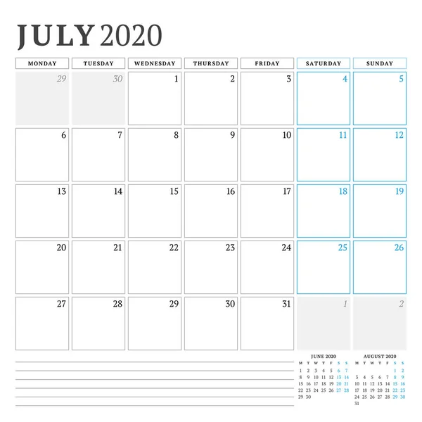 Lipiec 2020 r. Szablon do planowania kalendarza. Ilustracja wektora. Tydzień zaczyna się w poniedziałek — Wektor stockowy