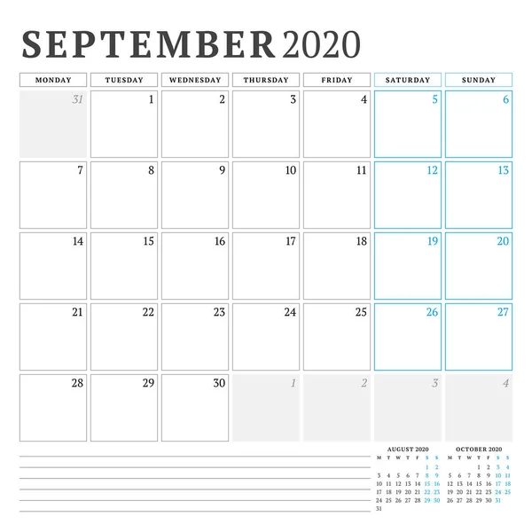 2020年9月。カレンダープランナー文房具デザインテンプレート。ベクトルイラスト週は月曜日から始まる — ストックベクタ