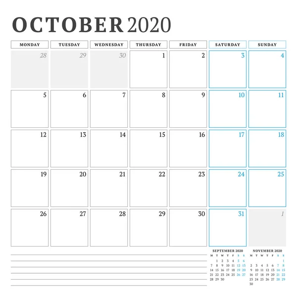 2020年10月。カレンダープランナー文房具デザインテンプレート。ベクトルイラスト週は月曜日から始まる — ストックベクタ