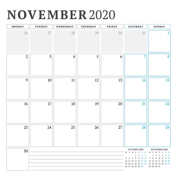 Νοέμβριος 2020. Ημερολόγιο σχεδιαστής χαρτικά πρότυπο σχεδιασμού. Εικονογράφηση διανύσματος. Η εβδομάδα αρχίζει τη Δευτέρα — Διανυσματικό Αρχείο