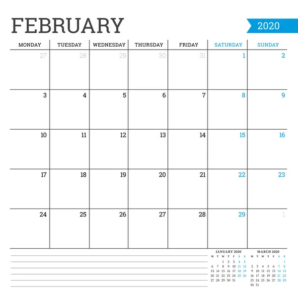 Fevereiro de 2020. Calendário mensal quadrado. Modelo de planeador. Estilo minimalista. Ilustração vetorial. Semana começa na segunda — Vetor de Stock