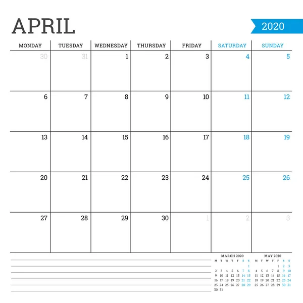 Απρίλιος 2020. Τετράγωνο μηνιαίο ημερολόγιο. Πρότυπο Planner. Μινιμαλιστικό στυλ. Εικονογράφηση διανύσματος. Η εβδομάδα αρχίζει τη Δευτέρα — Διανυσματικό Αρχείο