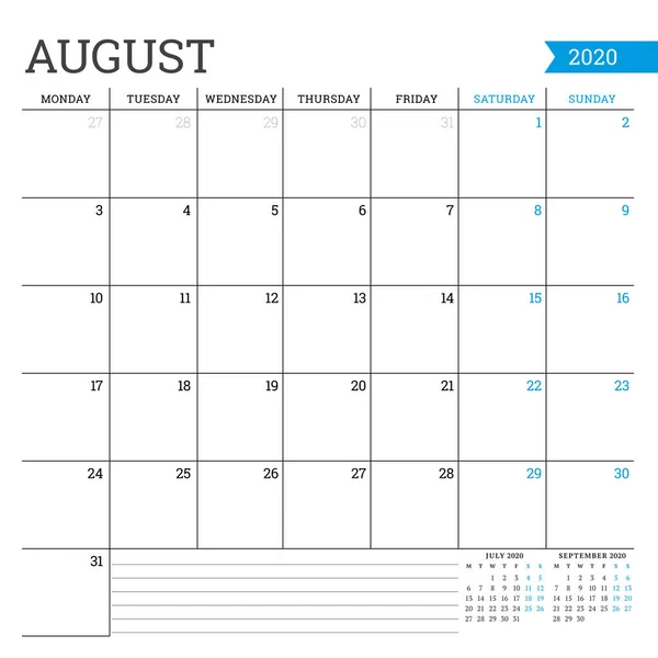 2020年8月毎月の暦だプランナーテンプレート。ミニマルなスタイル。ベクトルイラスト週は月曜日から始まる — ストックベクタ
