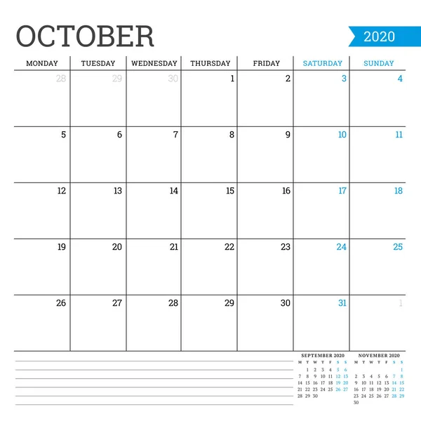 2020年10月。毎月の暦だプランナーテンプレート。ミニマルなスタイル。ベクトルイラスト週は月曜日から始まる — ストックベクタ