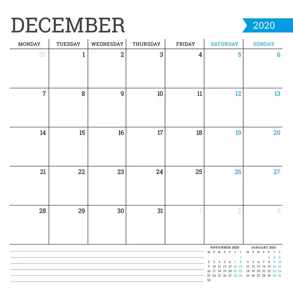 Δεκέμβριος 2020. Τετράγωνο μηνιαίο ημερολόγιο. Πρότυπο Planner. Μινιμαλιστικό στυλ. Εικονογράφηση διανύσματος. Η εβδομάδα αρχίζει τη Δευτέρα — Διανυσματικό Αρχείο