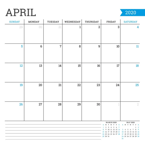2020年4月。毎月の暦だプランナーテンプレート。ミニマルなスタイル。ベクトルイラスト週は日曜日から始まる — ストックベクタ