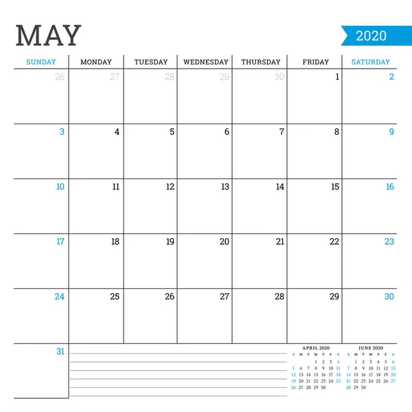 Μάιος 2020. Τετράγωνο μηνιαίο ημερολόγιο. Πρότυπο Planner. Μινιμαλιστικό στυλ. Εικονογράφηση διανύσματος. Η εβδομάδα αρχίζει την Κυριακή — Διανυσματικό Αρχείο