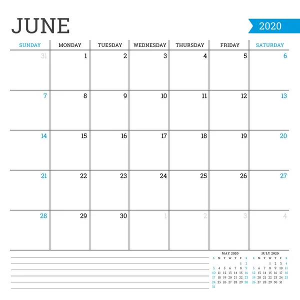 Июнь 2020 года. Квадратный календарь. Шаблон планировщика. Минималистский стиль. Векторная иллюстрация. Неделя начинается в воскресенье — стоковый вектор
