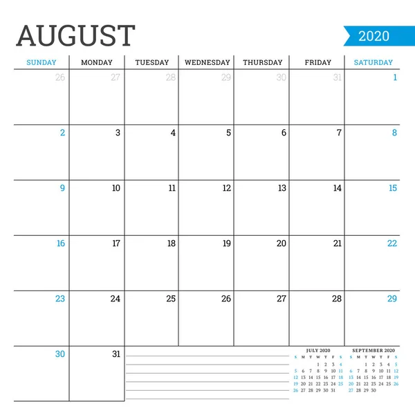 2020年8月毎月の暦だプランナーテンプレート。ミニマルなスタイル。ベクトルイラスト週は日曜日から始まる — ストックベクタ