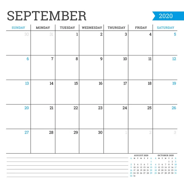 September 2020. Vierkante maandelijkse kalender. Planner sjabloon. Minimalistische stijl. Vector illustratie. Week begint op zondag — Stockvector