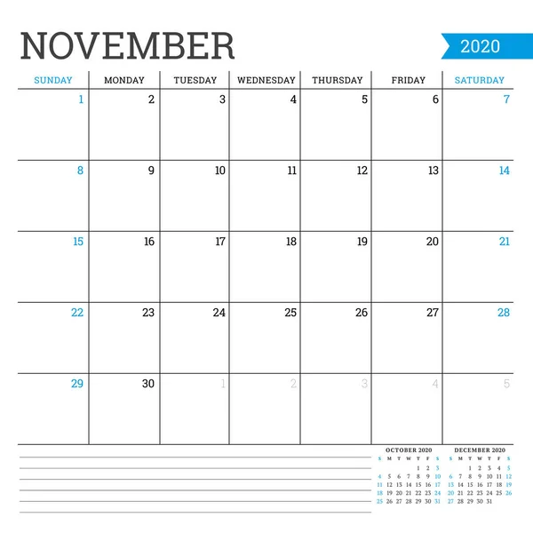 Νοέμβριος 2020. Τετράγωνο μηνιαίο ημερολόγιο. Πρότυπο Planner. Μινιμαλιστικό στυλ. Εικονογράφηση διανύσματος. Η εβδομάδα αρχίζει την Κυριακή — Διανυσματικό Αρχείο