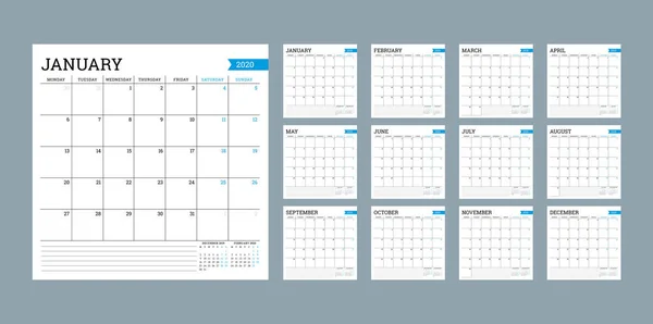 Square monthly calendar for 2020 year. Planner template. Minimalist style. Vector illustration. Week starts on Monday — Stock Vector