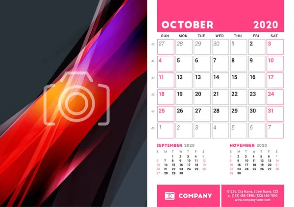 Modelo de design de papelaria. Calendário planejador para outubro 2020. A semana começa no domingo. Ilustração vetorial — Vetor de Stock