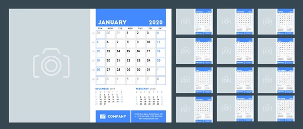 Desk calendar planner template for 2020 year. Set of 12 pages. Week starts on Sunday. Vector illustration — Stock vektor