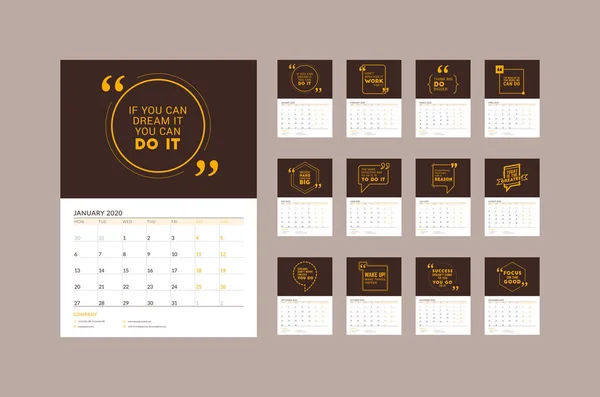 Πρότυπο σχεδιαστή ημερολογίου τοίχου για το 2020. Διάνυσμα σχέδιο εκτύπωσης πρότυπο με τυπογραφικό κίνητρο απόσπασμα. Σετ 12 μηνών. Η εβδομάδα αρχίζει τη Δευτέρα — Διανυσματικό Αρχείο