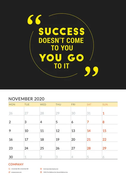 Wall calendar template for 2020. Vector design print template with typographic motivational quote. Week starts on Monday — Stock Vector