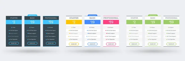 Árképzési táblázat tervezősablon webhelyek és alkalmazások számára. Három különböző színvariációban. Vektoros árazási tervek. Síkszerű vektoros illusztráció — Stock Vector