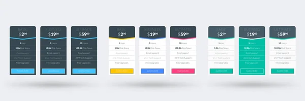 Pricing table design template for websites and applications. Set of three different color variations. Vector pricing plans. Flat style vector illustration — Stock Vector