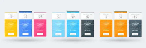 Árképzési táblázat tervezősablon webhelyek és alkalmazások számára. Három különböző színvariációban. Vektoros árazási tervek. Síkszerű vektoros illusztráció — Stock Vector