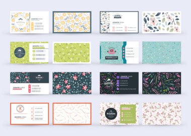 Hoş çiçek arkaplanlı çift taraflı yatay kartvizit şablonları. Vektör çizimi. Kırtasiye tasarımı.