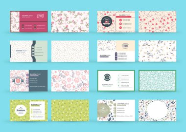 Hoş çiçek arkaplanlı çift taraflı yatay kartvizit şablonları. Vektör çizimi. Kırtasiye tasarımı.