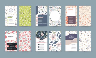 Hoş çiçek arkaplanlı çift taraflı dikey kartvizit şablonları. Vektör çizimi. Kırtasiye tasarımı.