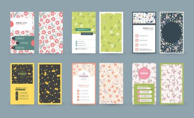 Hoş çiçek arkaplanlı çift taraflı dikey kartvizit şablonları. Vektör çizimi. Kırtasiye tasarımı.