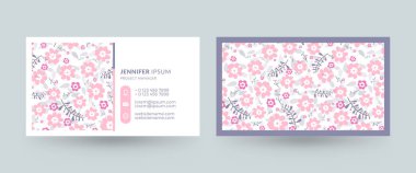 Güzel çiçekli çift taraflı yatay kartvizit şablonu. Vektör modelleme çizimi. Kırtasiye tasarımı