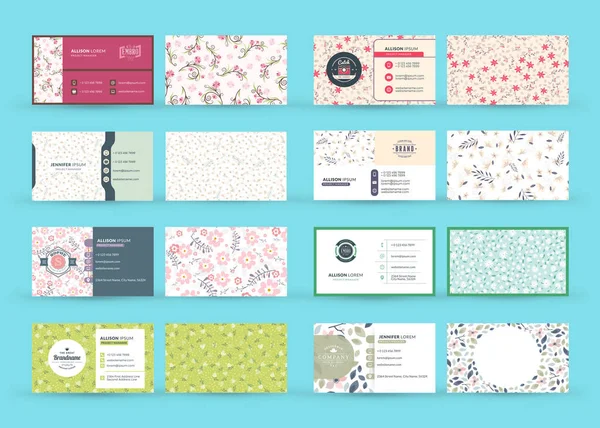 Hoş çiçek arkaplanlı çift taraflı yatay kartvizit şablonları. Vektör çizimi. Kırtasiye tasarımı.