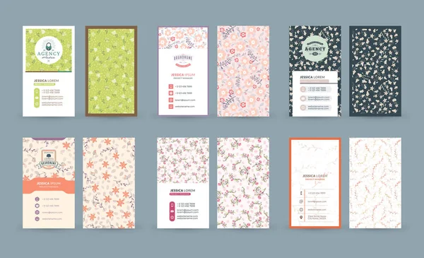 Hoş çiçek arkaplanlı çift taraflı dikey kartvizit şablonları. Vektör çizimi. Kırtasiye tasarımı.