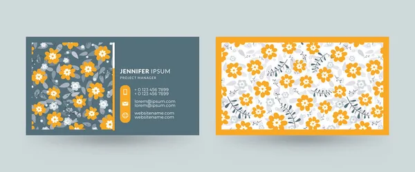 Plantilla de tarjeta de visita horizontal de doble cara con lindo fondo floral. Ilustración de maqueta vectorial. Diseño de papelería — Archivo Imágenes Vectoriales