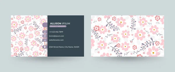 Двусторонний горизонтальный шаблон визитной карточки с красивым цветочным фоном. Векторный макет. Канцелярский дизайн — стоковый вектор
