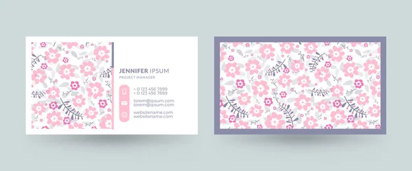 Double-sided horizontal business card template with cute floral background. Vector mockup illustration. Stationery design — Stock Vector