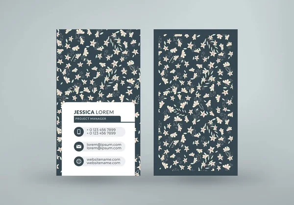 Plantilla de tarjeta de visita vertical de doble cara con lindo fondo floral. Ilustración de maqueta vectorial. Diseño de papelería — Archivo Imágenes Vectoriales