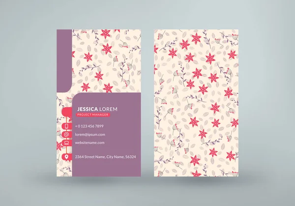 Plantilla de tarjeta de visita vertical de doble cara con lindo fondo floral. Ilustración de maqueta vectorial. Diseño de papelería — Archivo Imágenes Vectoriales