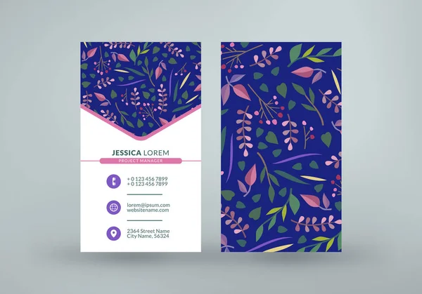 Double-sided vertical business card template with cute floral background. Vector mockup illustration. Stationery design — Stock Vector