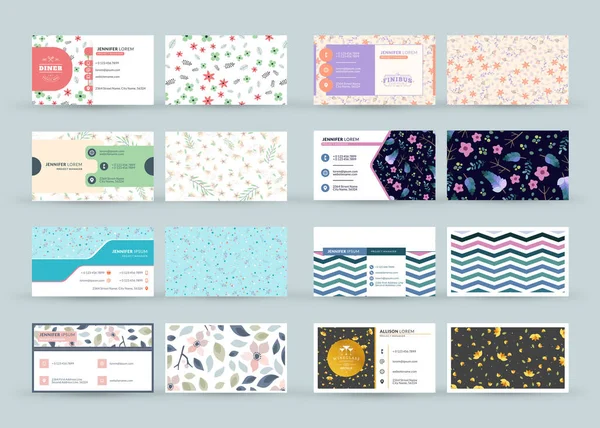 Set of double-sided horizontal business card templates with cute floral background. Vector illustration. Stationery design. Vektorgrafik