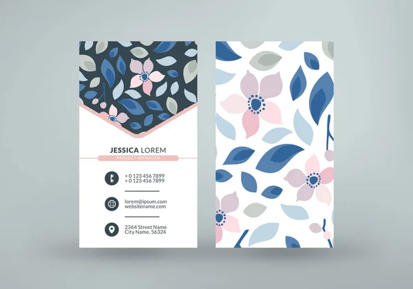 Plantilla de tarjeta de visita vertical de doble cara con lindo fondo floral. Ilustración de maqueta vectorial. Diseño de papelería Gráficos vectoriales