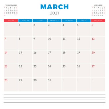 Mart 2021 için takvim planlayıcısı. Hafta pazar günü başlıyor. Yazdırılabilir vektör kırtasiye şablonu
