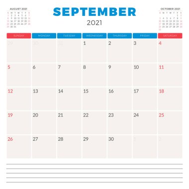 Eylül 2021 takvim planlayıcısı. Hafta pazar günü başlıyor. Yazdırılabilir vektör kırtasiye şablonu